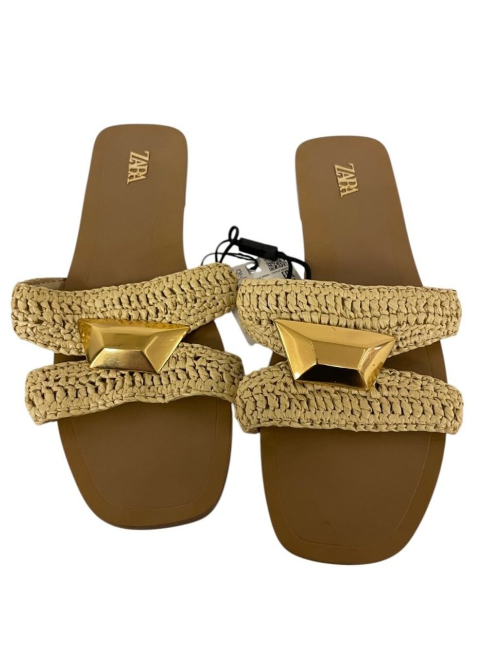 Zara Womens Flat Sandals EU 39 US 8 Tan Gold Braided Raffia Slides 2610/110 NWT
